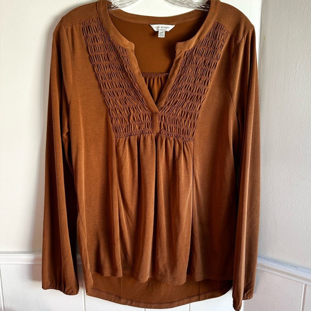 Lucky Brand Brown Peasant Smocked Long Sleeve Blouse Women’s Small